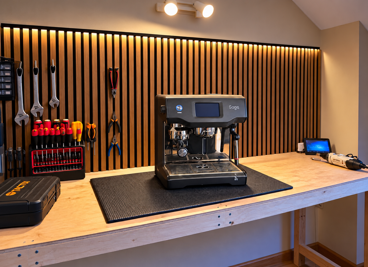 A black Graco espresso machine sits on a black mat on a light wood workbench in a workshop setting with a slatted wood back wall and hanging tools.